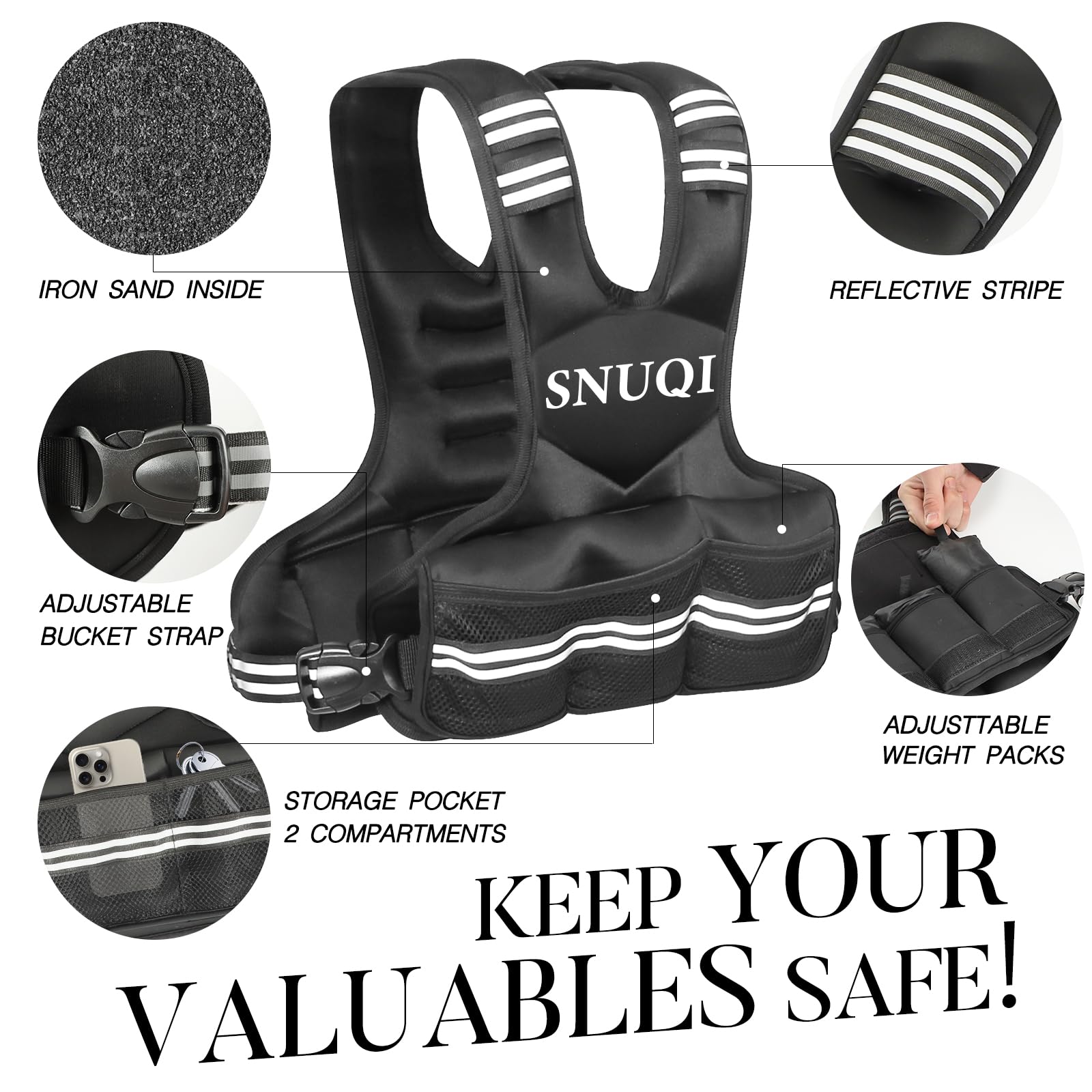 SNUQI Adjustable Weighted Vest with 6 Ironsand Weights Black